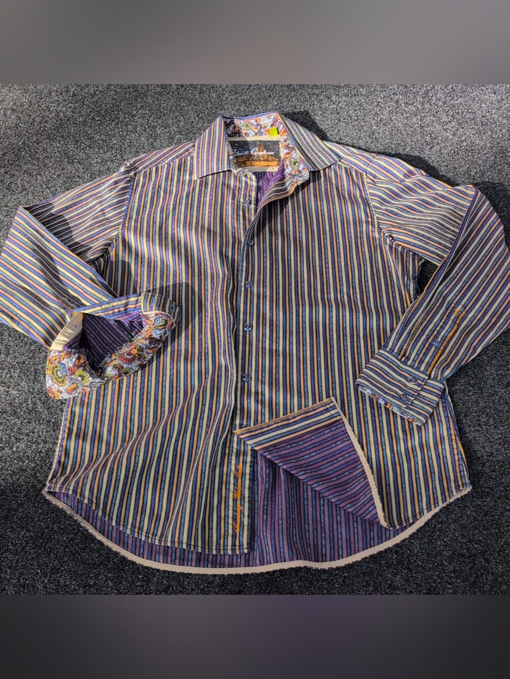 Robert Graham Dress Shirt Large Blue Purple Striped Floral Flip Cuffs Button Up